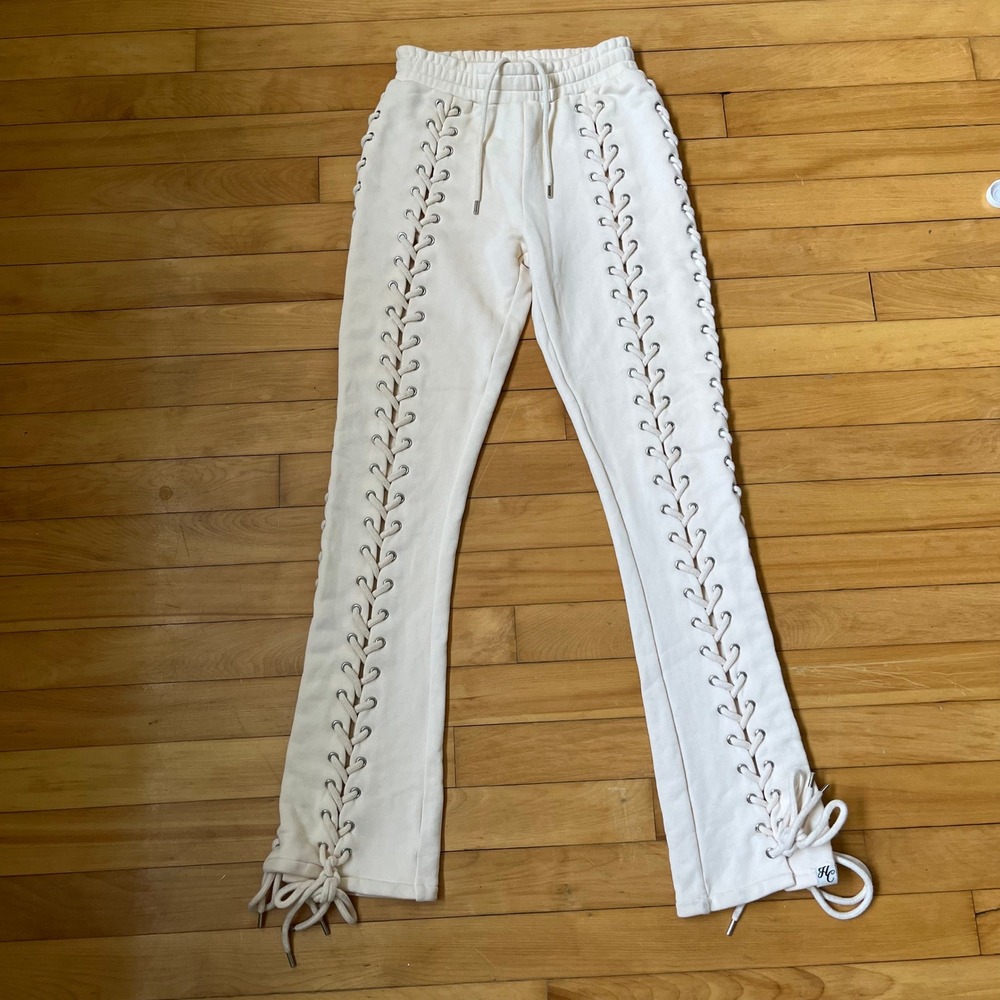 Hidden Cult Cream Lace Up Corset Sweatpants Flare Leg Cotton Cream XS